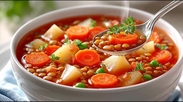 En una cocina acogedora, se prepara una deliciosa sopa de lentejas con zanahorias, papas y guisantes. Este platillo es ideal para un d&iacute;a fr&iacute;o y lleno de energ&iacute;a.