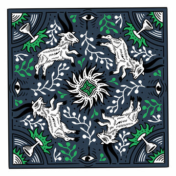 fabric bandana scarf print illustration vector design goat sheep eye illuminati heart sword griffin glass cup flower seamless pattern sun medieval