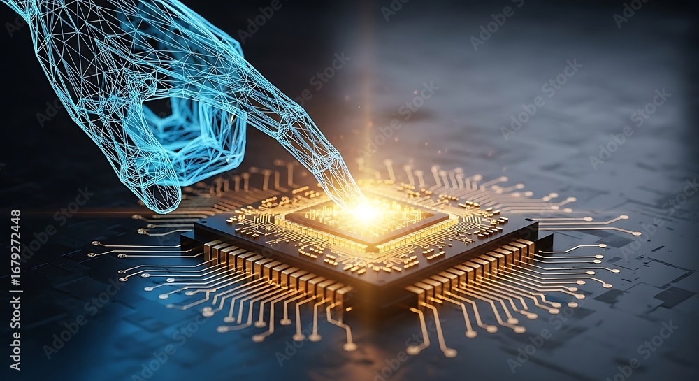 Poster futuristic wireframe hand touching luminous microchip on circuit board