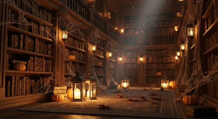 Spooky halloween library with pumpkins lanterns and cobwebs creating ambiance
