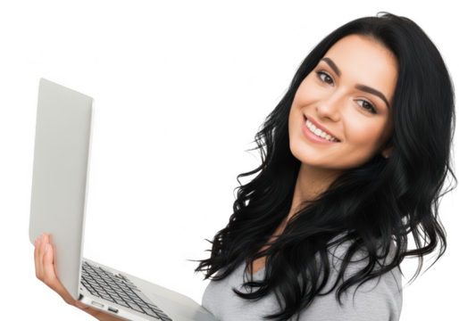 Young woman smiling while holding a laptop, isolated on transparent background