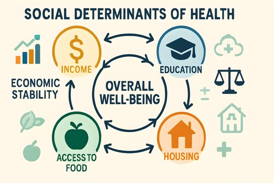The social determinants of health diagram illustrates factors affecting well-being and health.