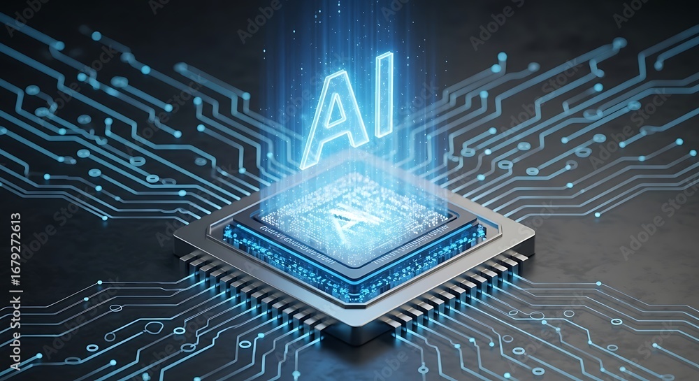 Aufkleber advanced ai chip illuminating data on a dark circuit background