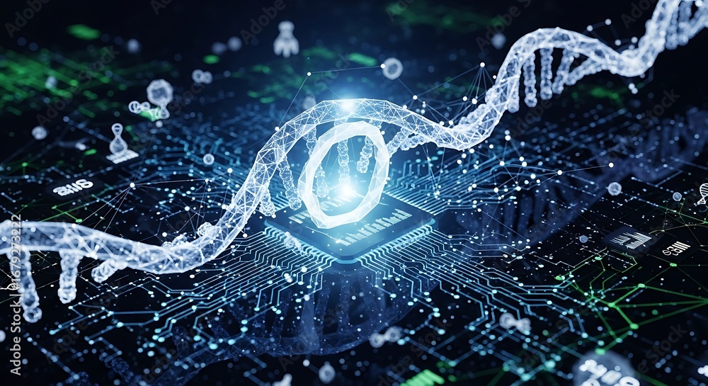 Poster digital dna structure intertwined with advanced circuitry
