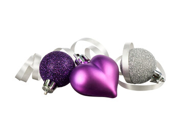purple christmas ball decoration with heart and ribbon band isolated on white or transparent png