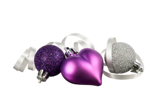purple christmas ball decoration with heart and ribbon band isolated on white or transparent png