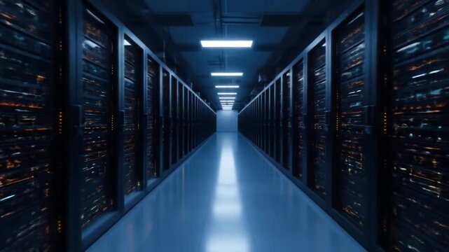 Data center server room with rows of computer racks for cloud computing and information storage