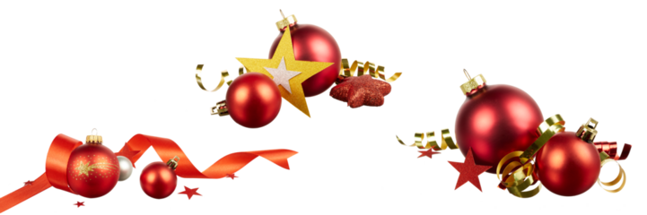set of christmas ball decoration with red and gold ribbon and stars isolated on white or transparent png