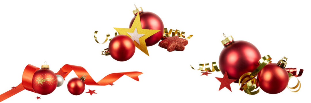 set of christmas ball decoration with red and gold ribbon and stars isolated on white or transparent png - Powered by Adobe