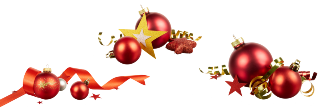 set of christmas ball decoration with red and gold ribbon and stars isolated on white or transparent png - Powered by Adobe