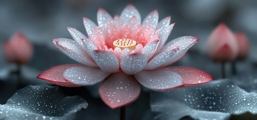 Soft pink lotus flower in full bloom on white background, peaceful and serene