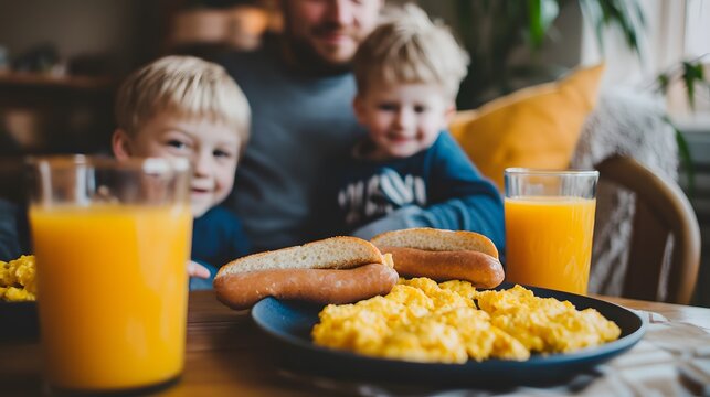 Happy Family Breakfast, Scrambled Eggs, Hot Dogs, and Orange Juice - Powered by Adobe