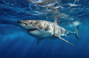 Fototapeta premium Great white shark in ocean depths (1)