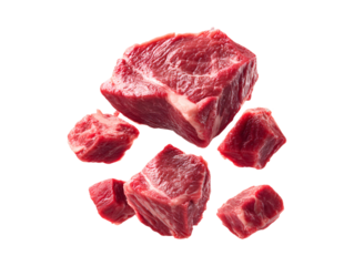 Several chunks of raw beef neck meat, showcasing the texture and deep red color. A dynamic shot, ideal for illustrating recipes for stews, braises, and slow cooking.