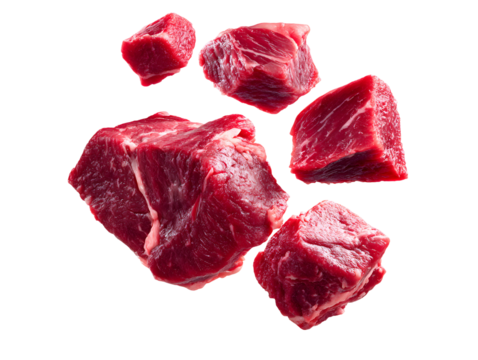 Several chunks of raw beef neck meat, showcasing the texture and deep red color. A dynamic shot, ideal for illustrating recipes for stews, braises, and slow cooking.