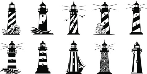 Black and white lighthouse silhouettes with waves, nautical symbols, coastal navigation, maritime safety, ocean themes, seascape vector illustrations