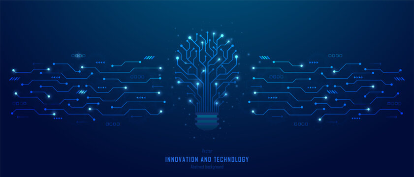 Concept of Innovation and business innovative idea and solution technology. Circuit light bulb on futuristic circuit background. Analysis solution and development. Vector illustration.