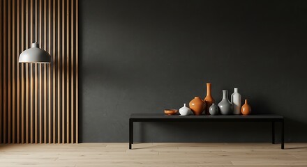 Modern interior design with vases on a table against a dark wall