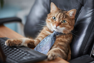 Confident business cat dressed as a financial advisor, sitting at a desk with financial reports and charts, modern corporate office, professional stock photo style.
