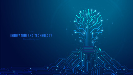Concept of Innovation and business innovative idea and solution technology. Circuit light bulb on futuristic circuit motherboard background. Analysis solution and development. Vector illustration.