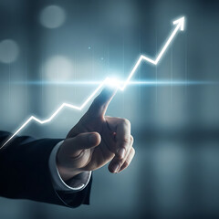 Businessman's Hand Interacting with Ascending Growth Graph;  Positive Financial Trend, Modern Technology Concept.