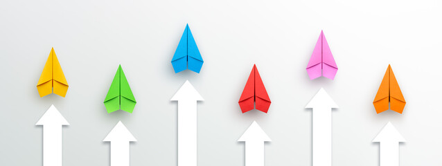 Business competition concept with paper plane and arrow up on white background