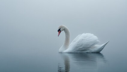 Naklejka premium A serene swan in a misty, tranquil setting