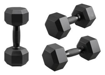 Three matte black hex dumbbells image set isolated transparent. Hexagonal weights fitness gear with metal handles cut outs photo png collection. Gym essentials cutouts elements objects