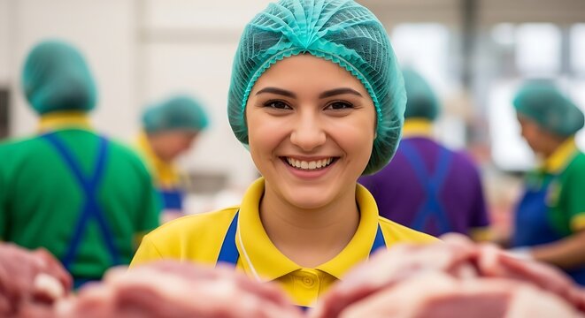 Smiling female worker in hairnet and uniform at a meat processing plant focused on quality and safety in food production