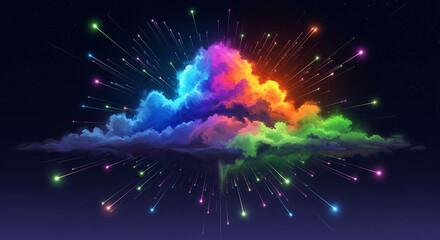 Fototapeta premium Colorful cloud explosion with rainbow hues and light trails on a dark background.