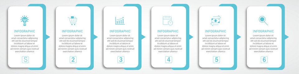 Business process timeline visualization with icons | Infographic 6 steps white diagram with cyan half side border with arrow indicator | Modern vector illustration