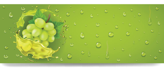 Realistic vector splash of wine or grape juice with green grapes branch on green background with drops. White grapes juice advertising