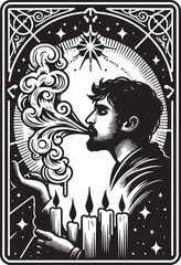 Intricate Black and White Illustration of a Man Exhaling Mystical Smoke and Candles