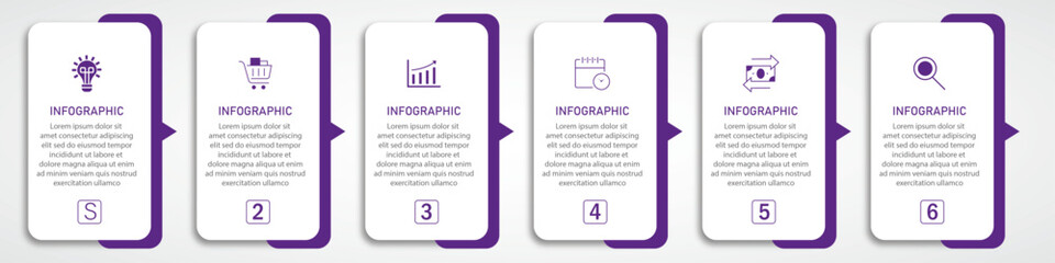Business process timeline visualization with icons | Infographic 6 steps white diagram with eminence half side border with arrow indicator | Modern vector illustration