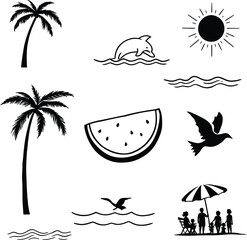 Black and white summer themed icons including palm trees, sun, dolphin, and beach scene illustration
