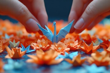 Hands folding paper crane with origami designs on table in warm light