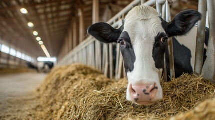 Cow in Barn with Straw Background