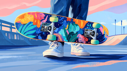 Skater holding colorful skateboard in skatepark wearing white sneakers