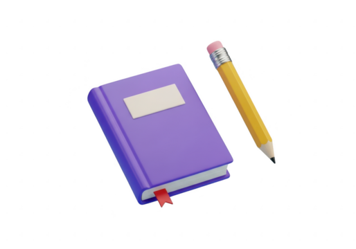 Purple notebook and pencil isolated on transparent background