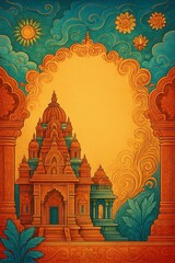 Obraz premium Colorful background with abstract temple in Indian style.
