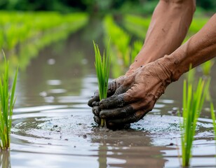 Close-up of a farmer's weathered, muddy hands carefully planting young rice seedlings in a flooded paddy field