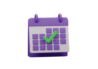 Purple calendar with a green checkmark, isolated on transparent background