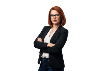 Businesswoman with glasses and crossed arms, isolated on transparent background