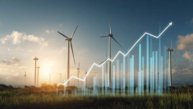 Wind turbines and a growing graph against a sunset