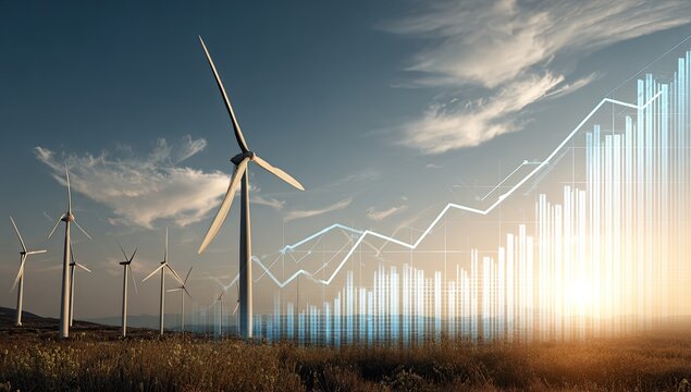 Wind turbines and graphs on a landscape at sunset