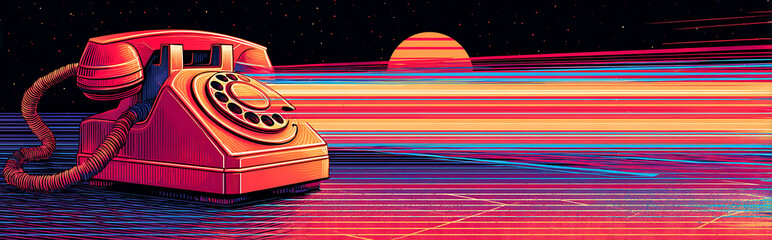 Classic rotary phone connected to holographic communication screens featuring a retro future design for advanced comms.