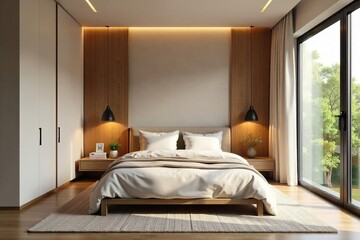 Serene bedroom designed for ultimate relaxation and wellness, featuring calming colors, natural materials, and soft lighting  Ideal for promoting sleep and tranquility , serene, minimalism, retreat
