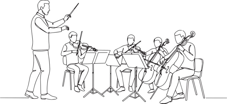 Orchestra in harmonious session with continuous line drawing vec
