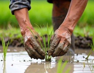 Hands Planting Rice Seedlings in Muddy Paddy Field - Agricultural Labor