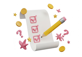 Checklist with pencil and coins isolated on transparent background